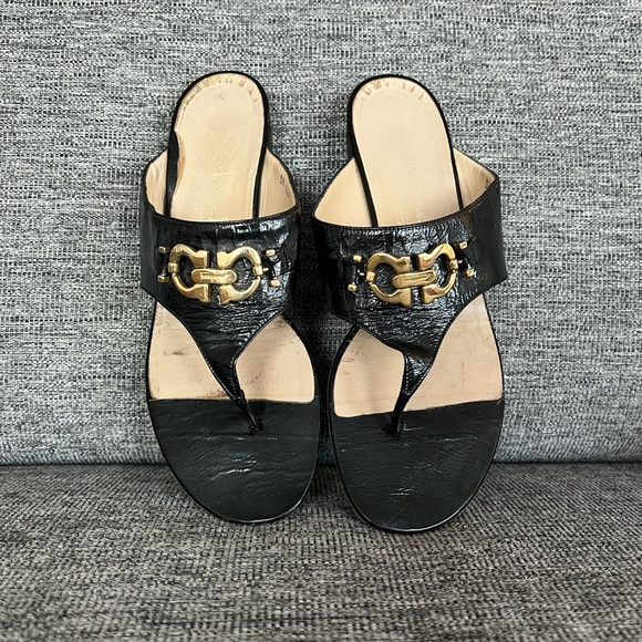 Salvatore Ferragamo black platinum leather sandals - Picture 1 of 11